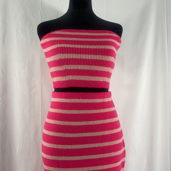 Strapless 2 piece sweater dress,skirt, tube top, Pink,white stripped, Large,New - Picture 2 of 8